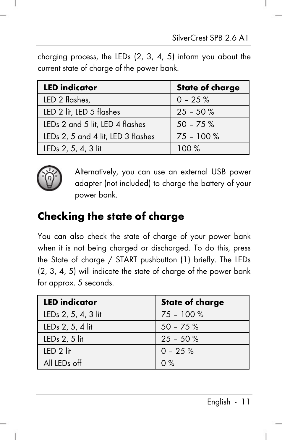 Checking the state of charge | Silvercrest SPB 2.6 A1 User Manual | Page 13 / 106