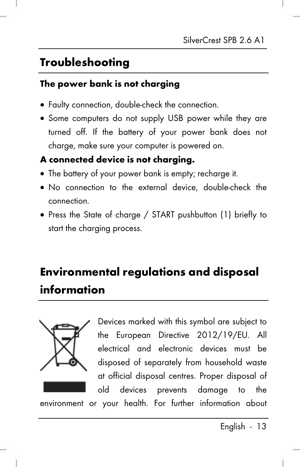 Troubleshooting, Environmental regulations and disposal information | Silvercrest SPB 2.6 A1 User Manual | Page 15 / 106