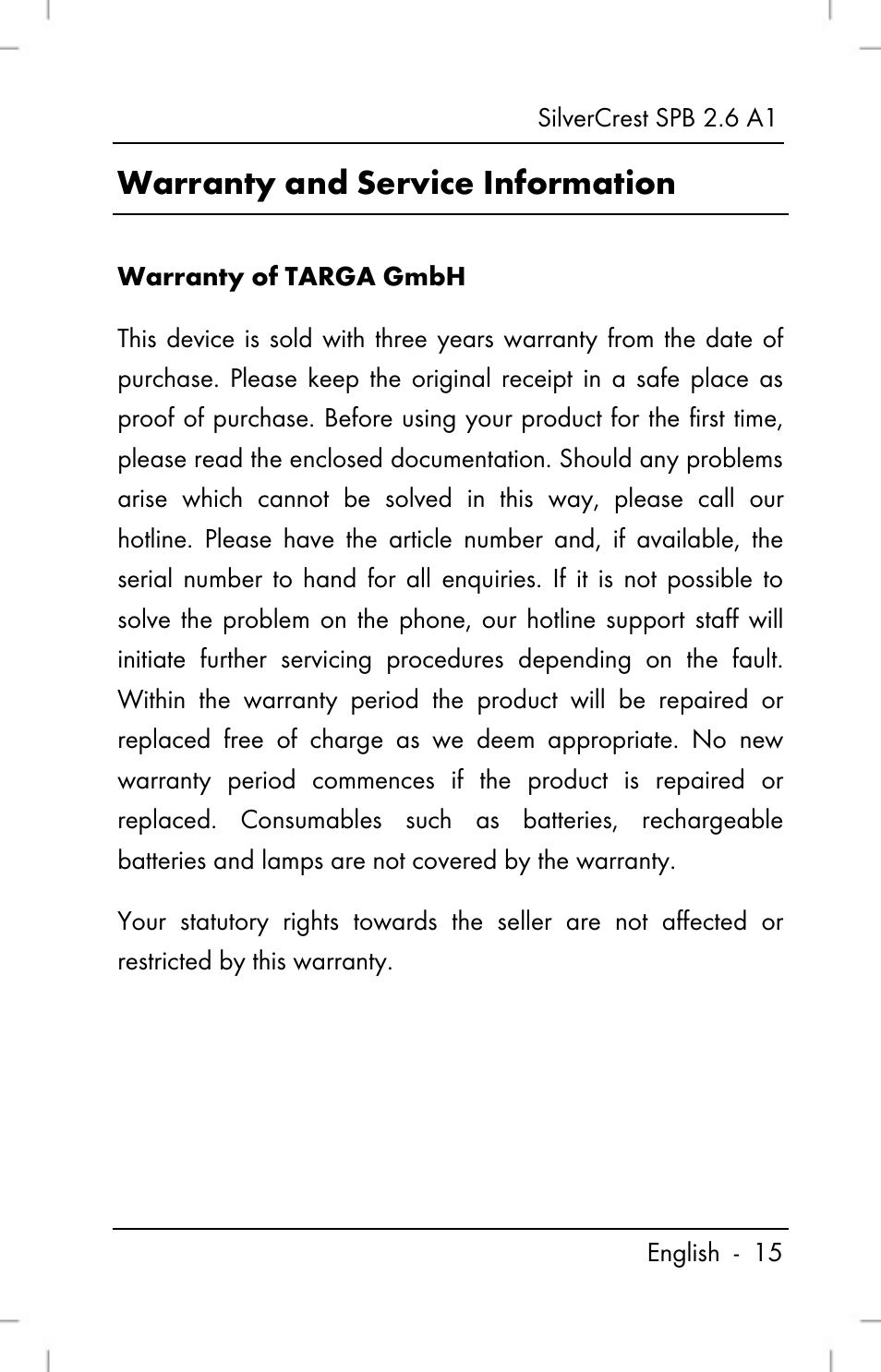 Warranty and service information | Silvercrest SPB 2.6 A1 User Manual | Page 17 / 106
