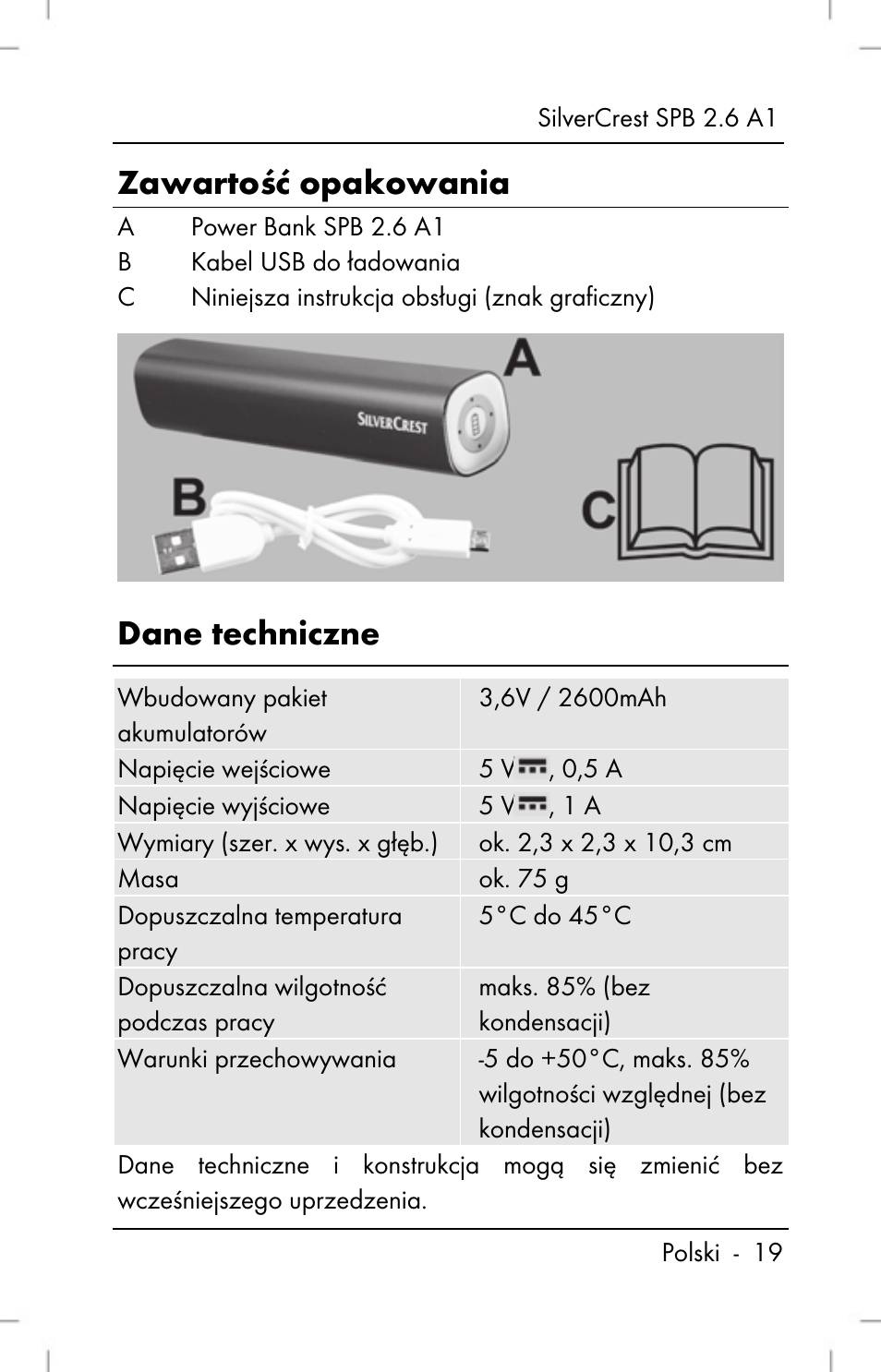 Zawartość opakowania, Dane techniczne | Silvercrest SPB 2.6 A1 User Manual | Page 21 / 106