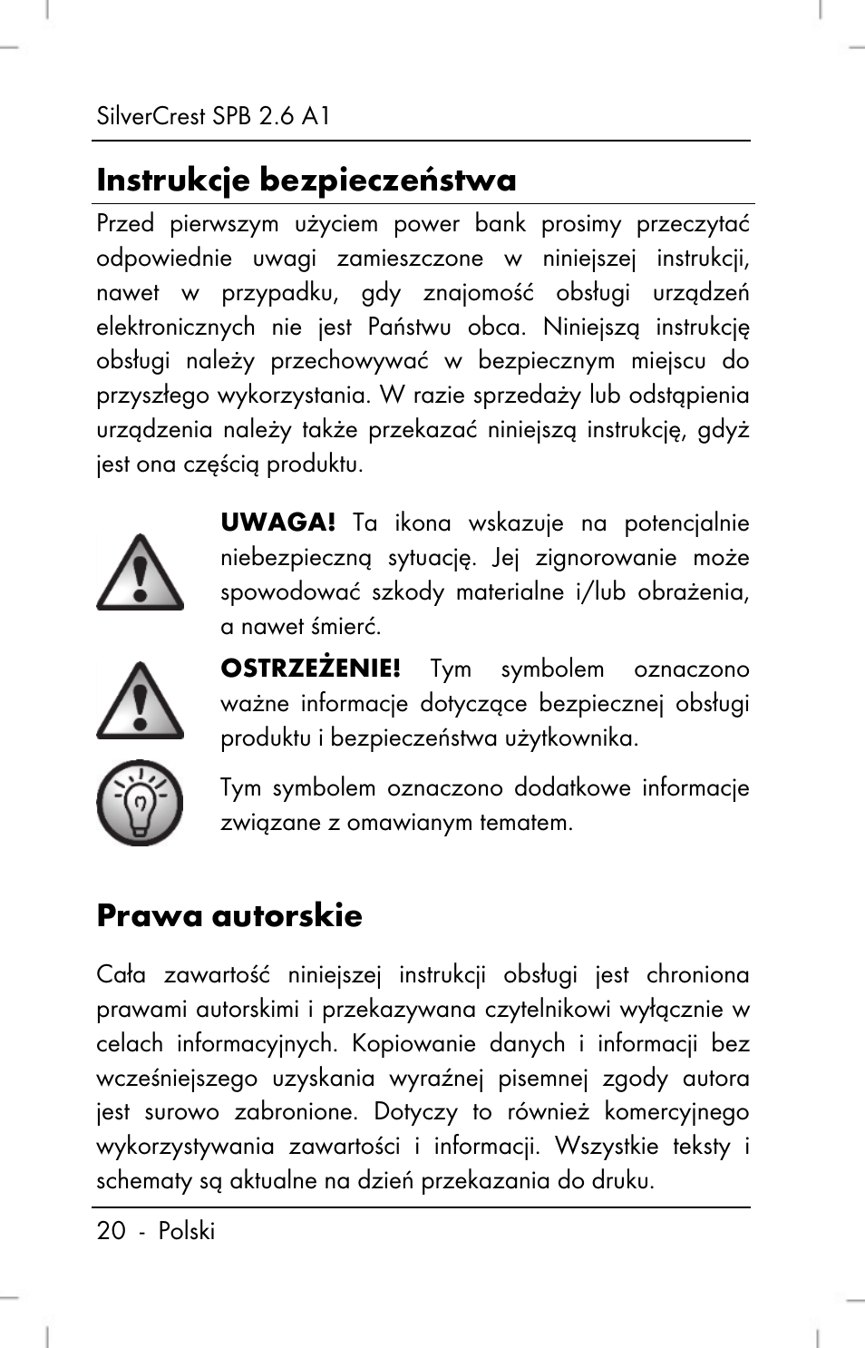 Instrukcje bezpieczeństwa, Prawa autorskie | Silvercrest SPB 2.6 A1 User Manual | Page 22 / 106