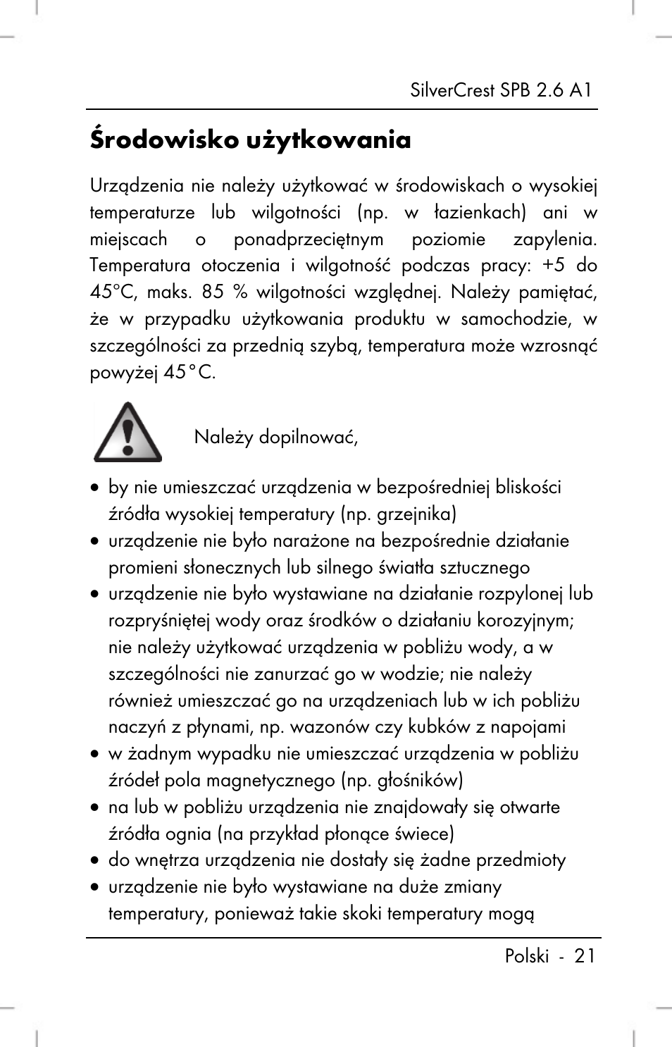 Środowisko użytkowania | Silvercrest SPB 2.6 A1 User Manual | Page 23 / 106