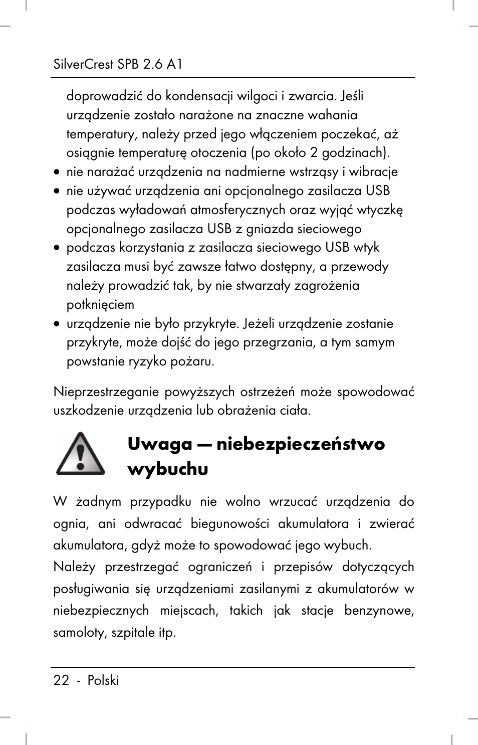 Uwaga — niebezpieczeństwo wybuchu | Silvercrest SPB 2.6 A1 User Manual | Page 24 / 106