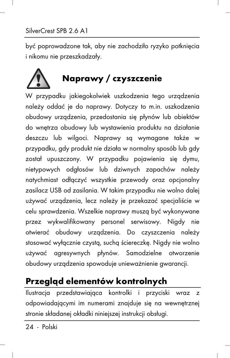 Naprawy / czyszczenie, Przegląd elementów kontrolnych | Silvercrest SPB 2.6 A1 User Manual | Page 26 / 106