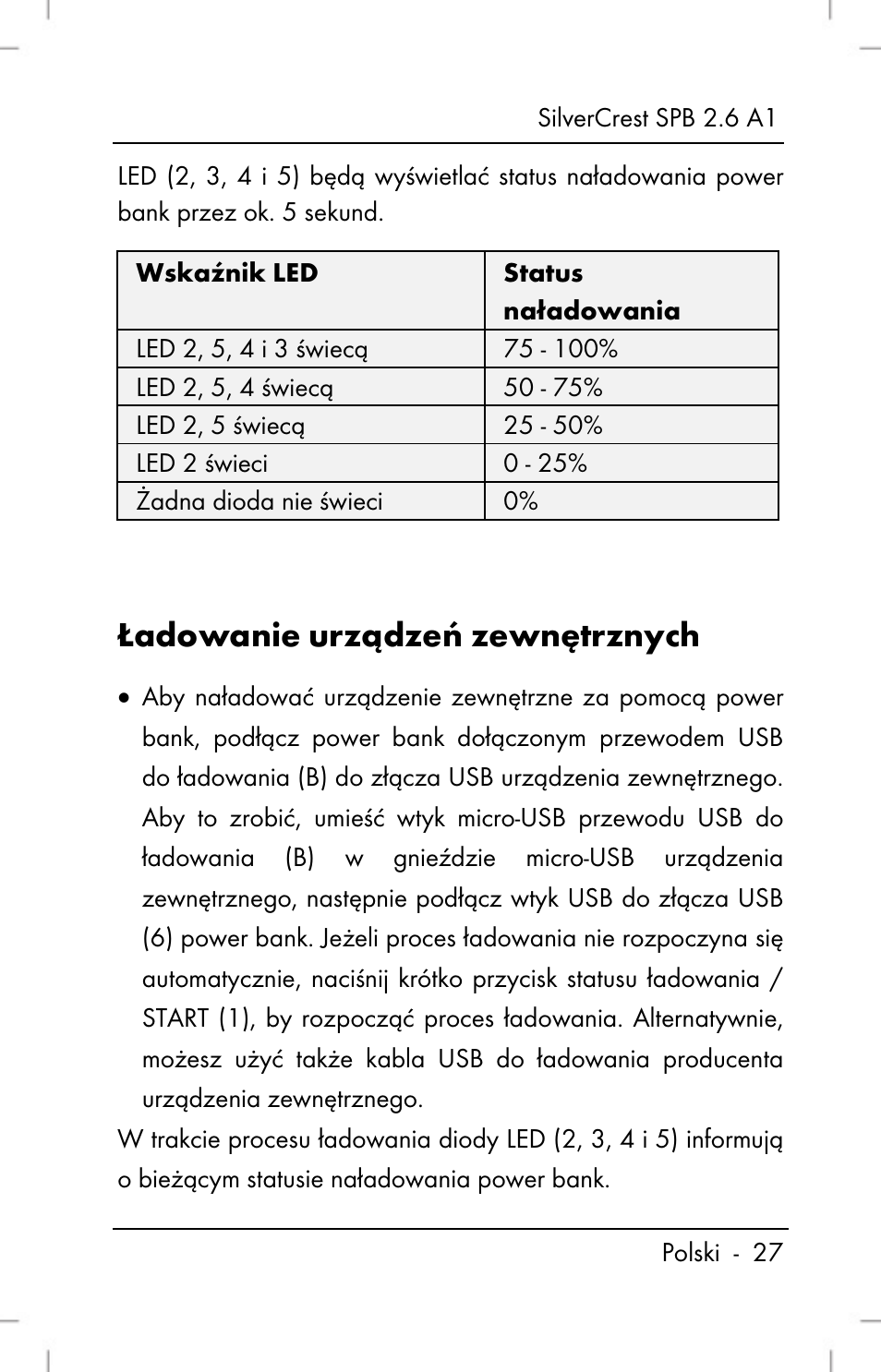 Ładowanie urządzeń zewnętrznych | Silvercrest SPB 2.6 A1 User Manual | Page 29 / 106
