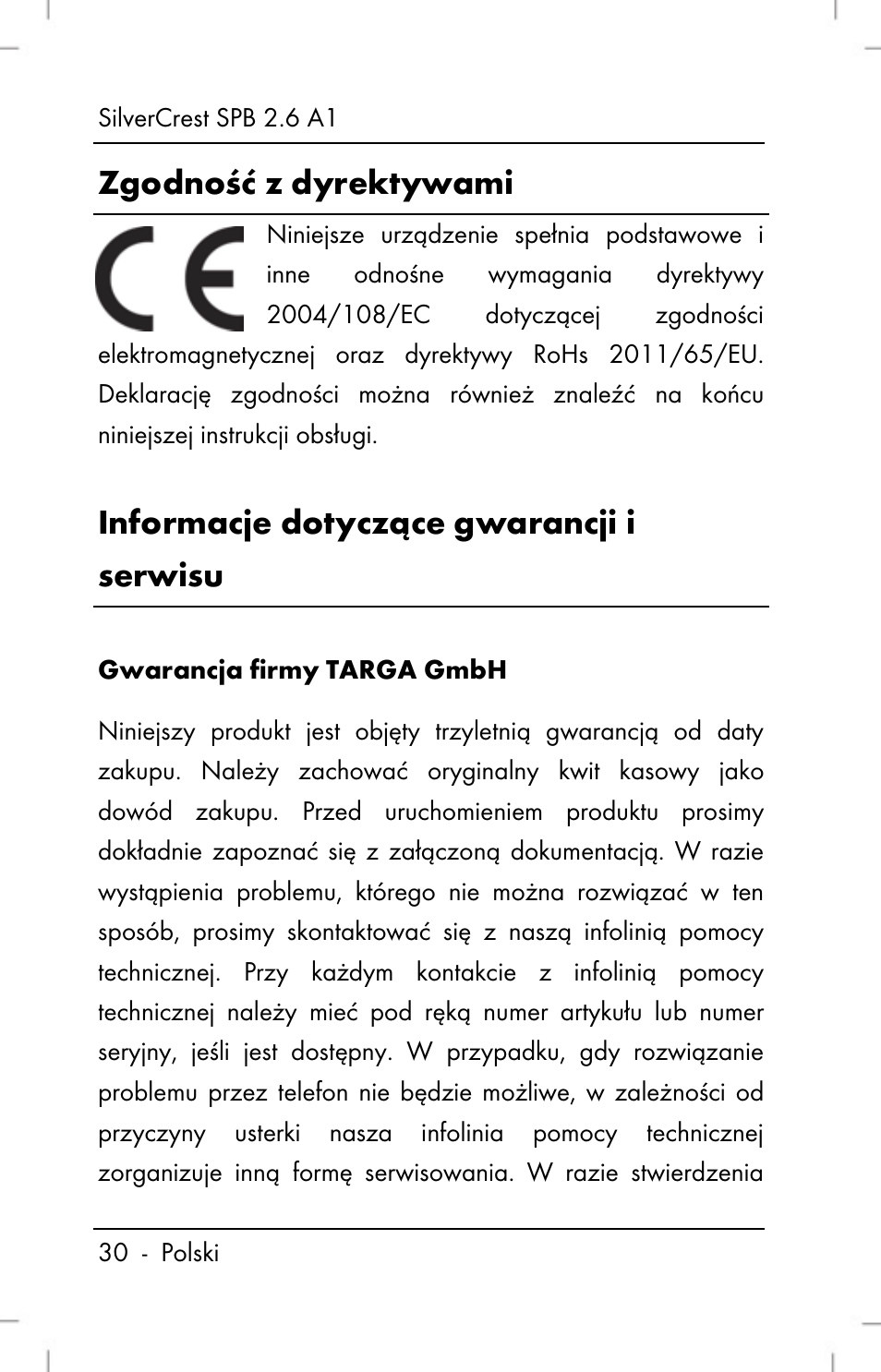 Zgodność z dyrektywami, Informacje dotyczące gwarancji i serwisu | Silvercrest SPB 2.6 A1 User Manual | Page 32 / 106