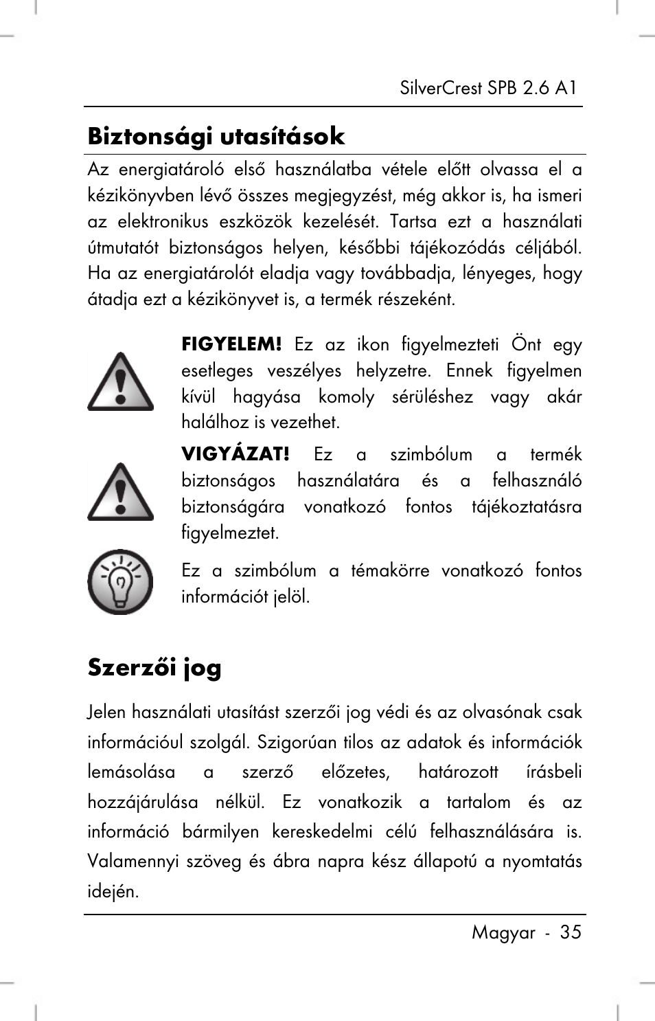 Biztonsági utasítások, Szerzői jog | Silvercrest SPB 2.6 A1 User Manual | Page 37 / 106
