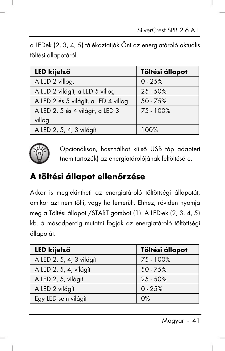 A töltési állapot ellenőrzése | Silvercrest SPB 2.6 A1 User Manual | Page 43 / 106