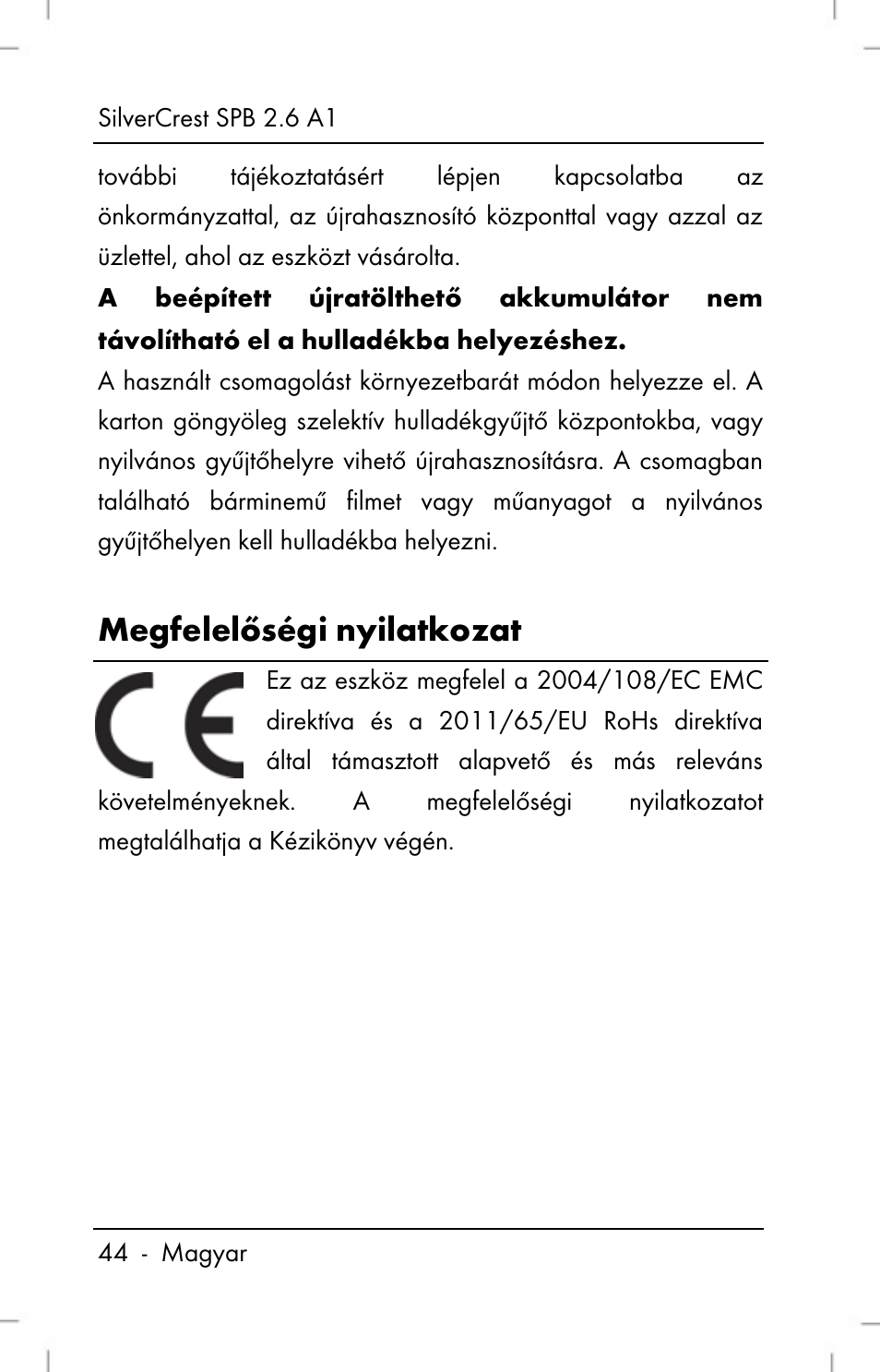 Megfelelőségi nyilatkozat | Silvercrest SPB 2.6 A1 User Manual | Page 46 / 106