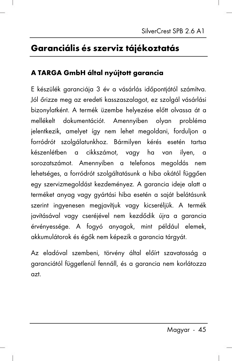 Garanciális és szerviz tájékoztatás | Silvercrest SPB 2.6 A1 User Manual | Page 47 / 106