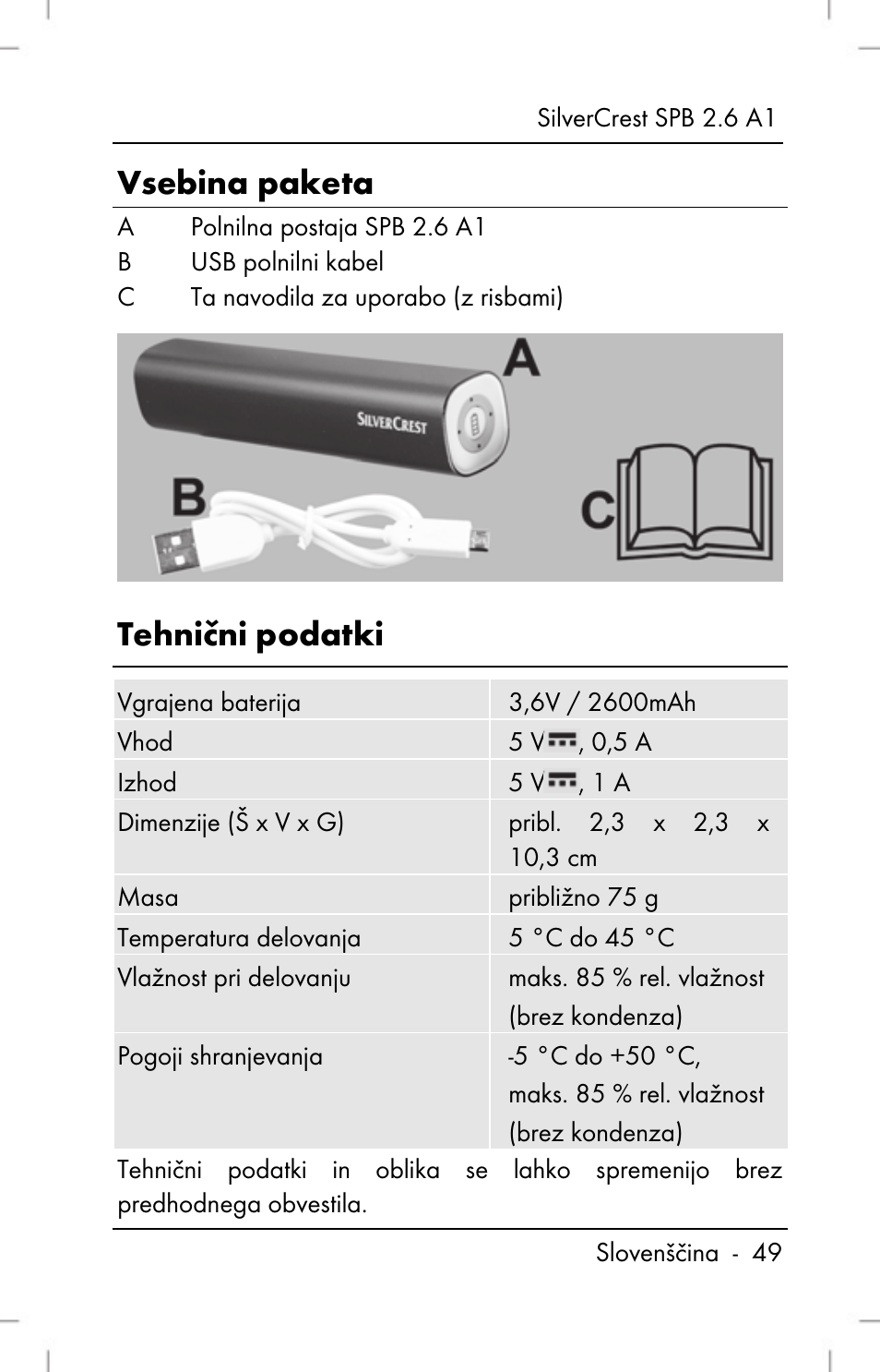 Vsebina paketa, Tehnični podatki | Silvercrest SPB 2.6 A1 User Manual | Page 51 / 106