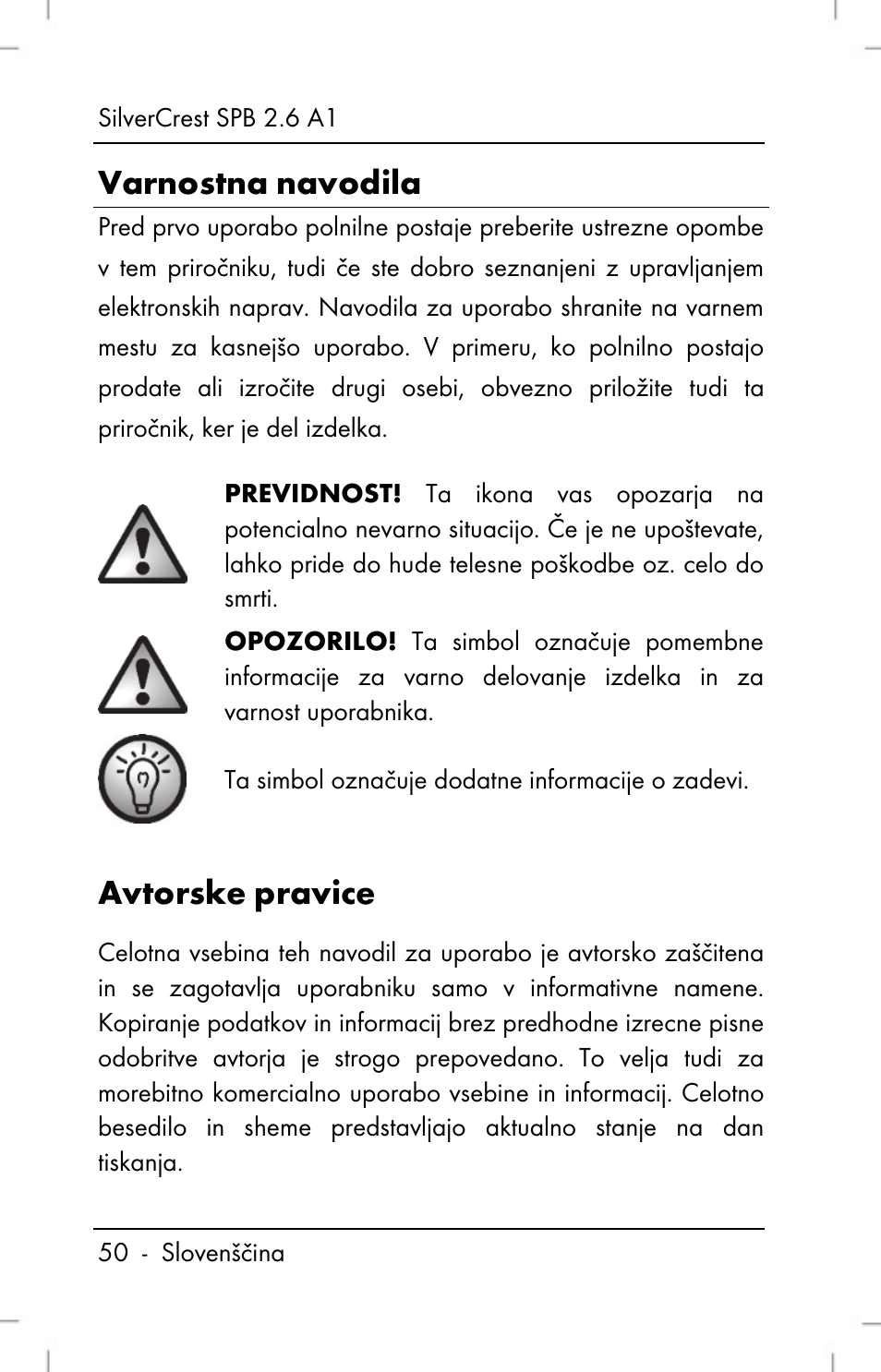 Varnostna navodila, Avtorske pravice | Silvercrest SPB 2.6 A1 User Manual | Page 52 / 106