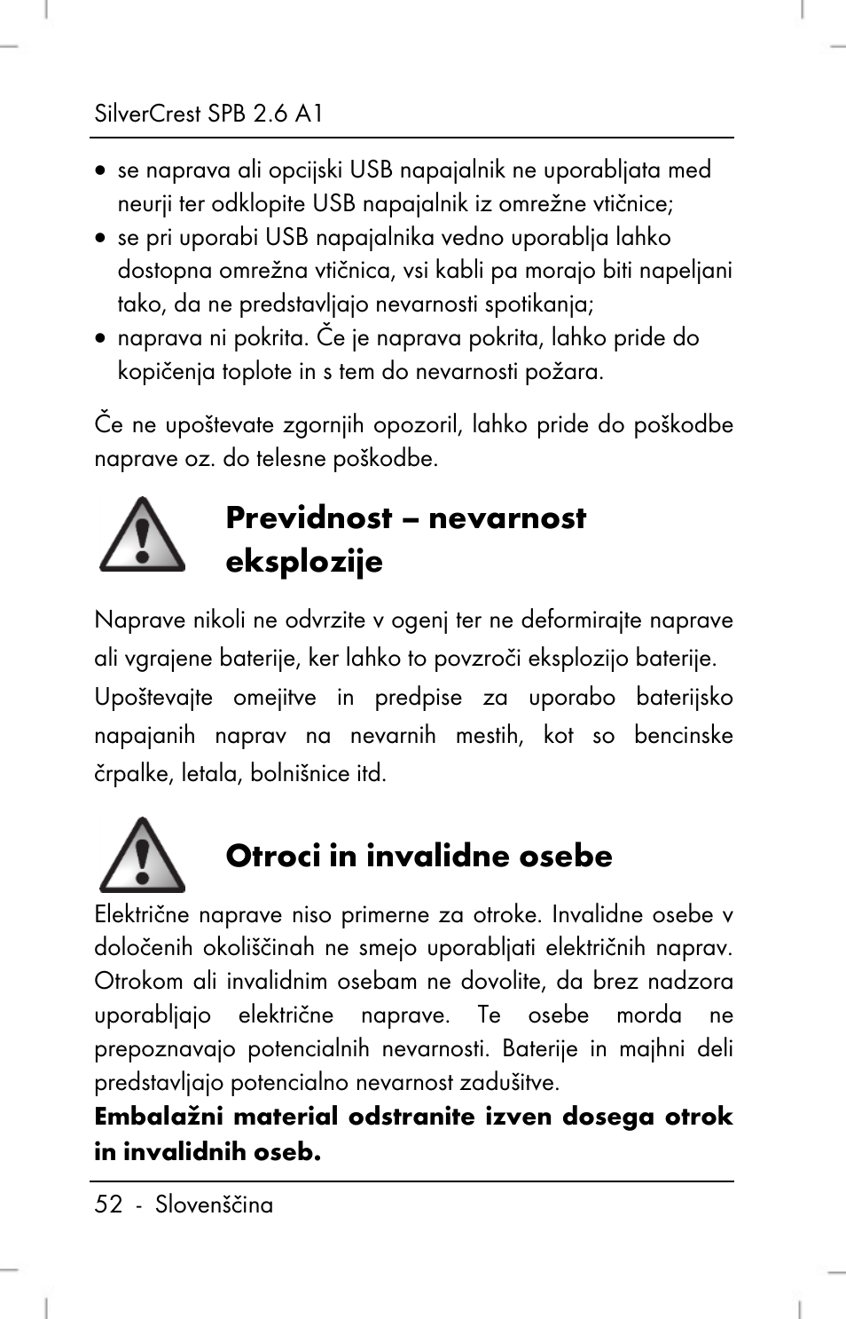 Previdnost – nevarnost eksplozije, Otroci in invalidne osebe | Silvercrest SPB 2.6 A1 User Manual | Page 54 / 106