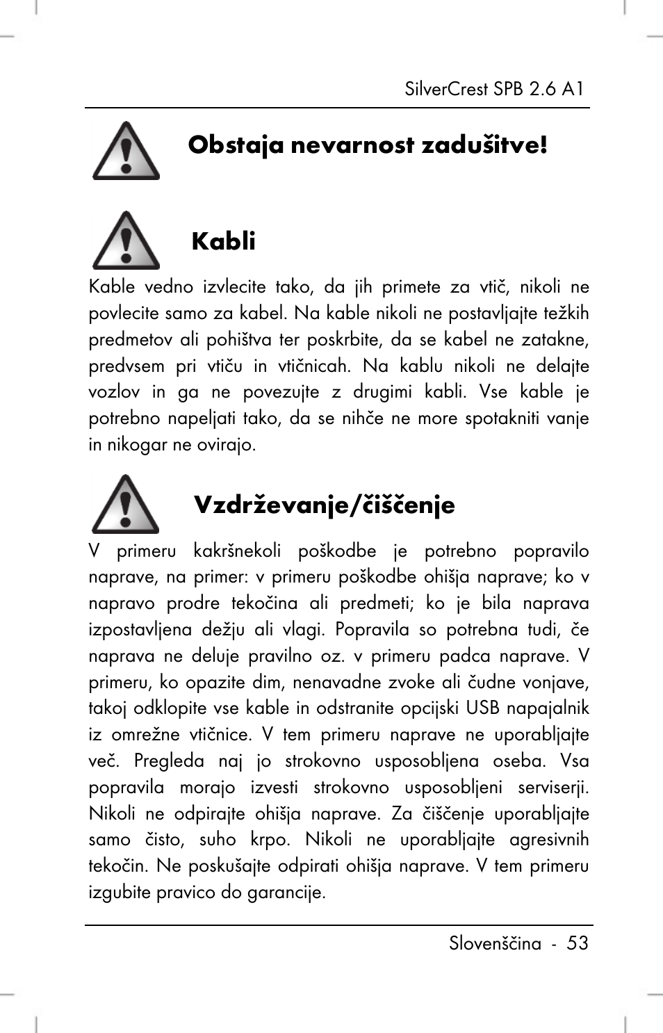 Obstaja nevarnost zadušitve, Kabli, Vzdrževanje/čiščenje | Silvercrest SPB 2.6 A1 User Manual | Page 55 / 106