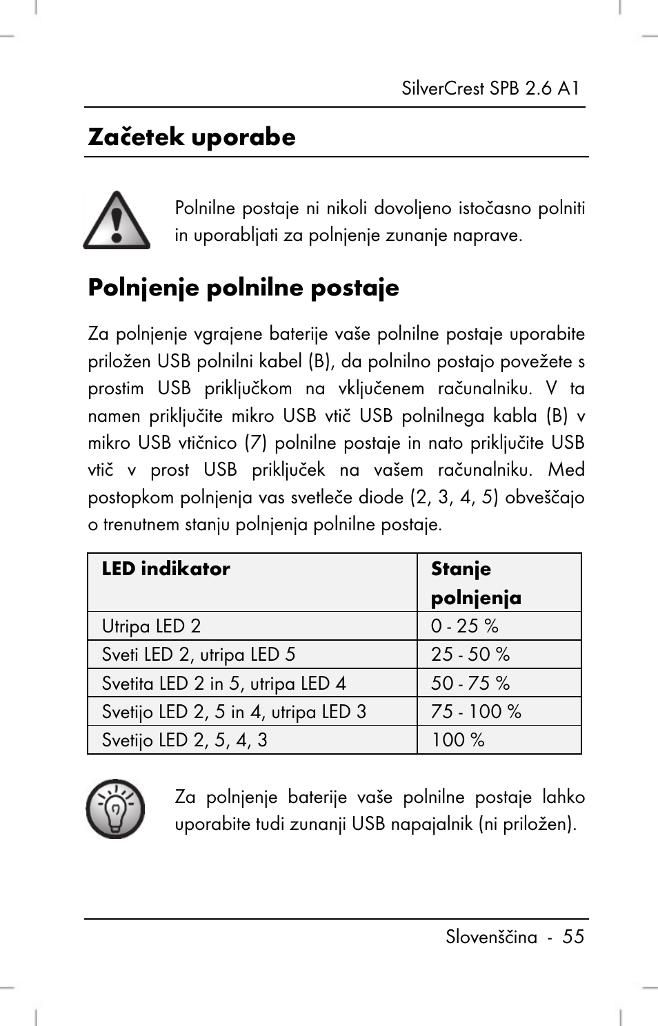 Začetek uporabe, Polnjenje polnilne postaje | Silvercrest SPB 2.6 A1 User Manual | Page 57 / 106