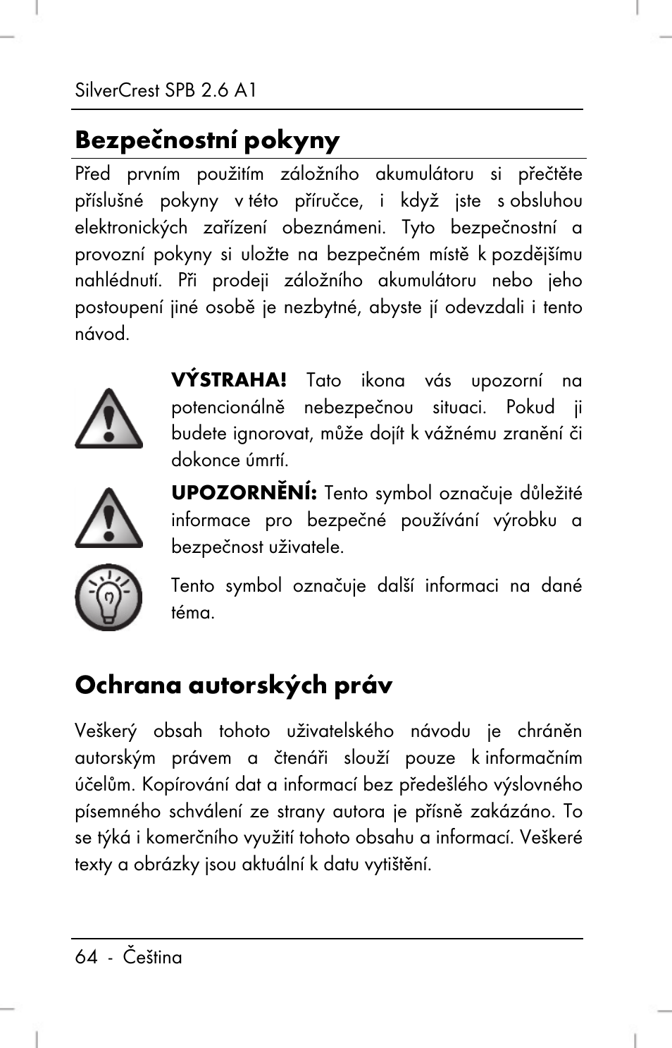 Bezpečnostní pokyny, Ochrana autorských práv | Silvercrest SPB 2.6 A1 User Manual | Page 66 / 106