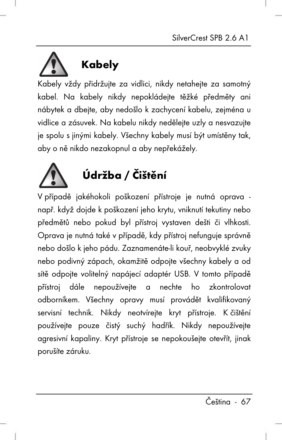Kabely, Údržba / čištění | Silvercrest SPB 2.6 A1 User Manual | Page 69 / 106
