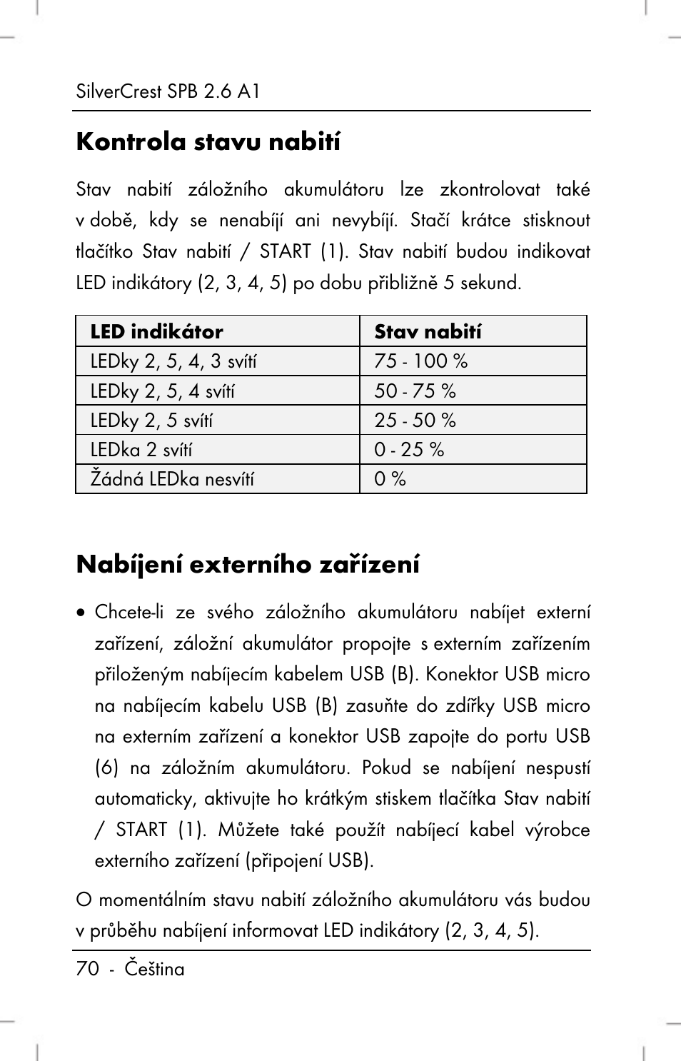 Kontrola stavu nabití, Nabíjení externího zařízení | Silvercrest SPB 2.6 A1 User Manual | Page 72 / 106