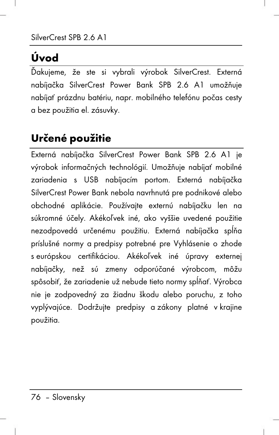 Úvod, Určené použitie | Silvercrest SPB 2.6 A1 User Manual | Page 78 / 106