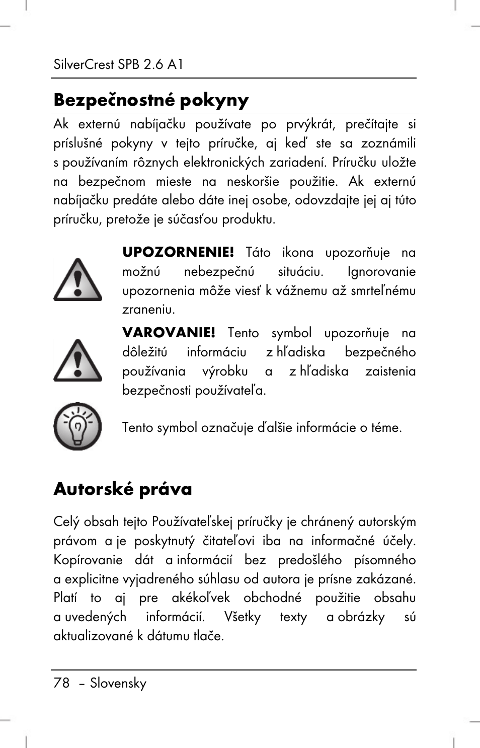 Bezpečnostné pokyny, Autorské práva | Silvercrest SPB 2.6 A1 User Manual | Page 80 / 106