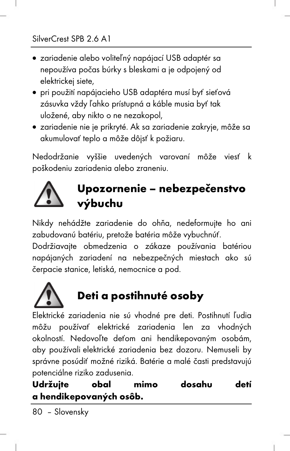 Upozornenie – nebezpečenstvo výbuchu, Deti a postihnuté osoby | Silvercrest SPB 2.6 A1 User Manual | Page 82 / 106