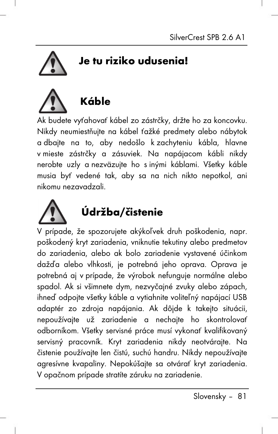 Je tu riziko udusenia, Káble, Údržba/čistenie | Silvercrest SPB 2.6 A1 User Manual | Page 83 / 106