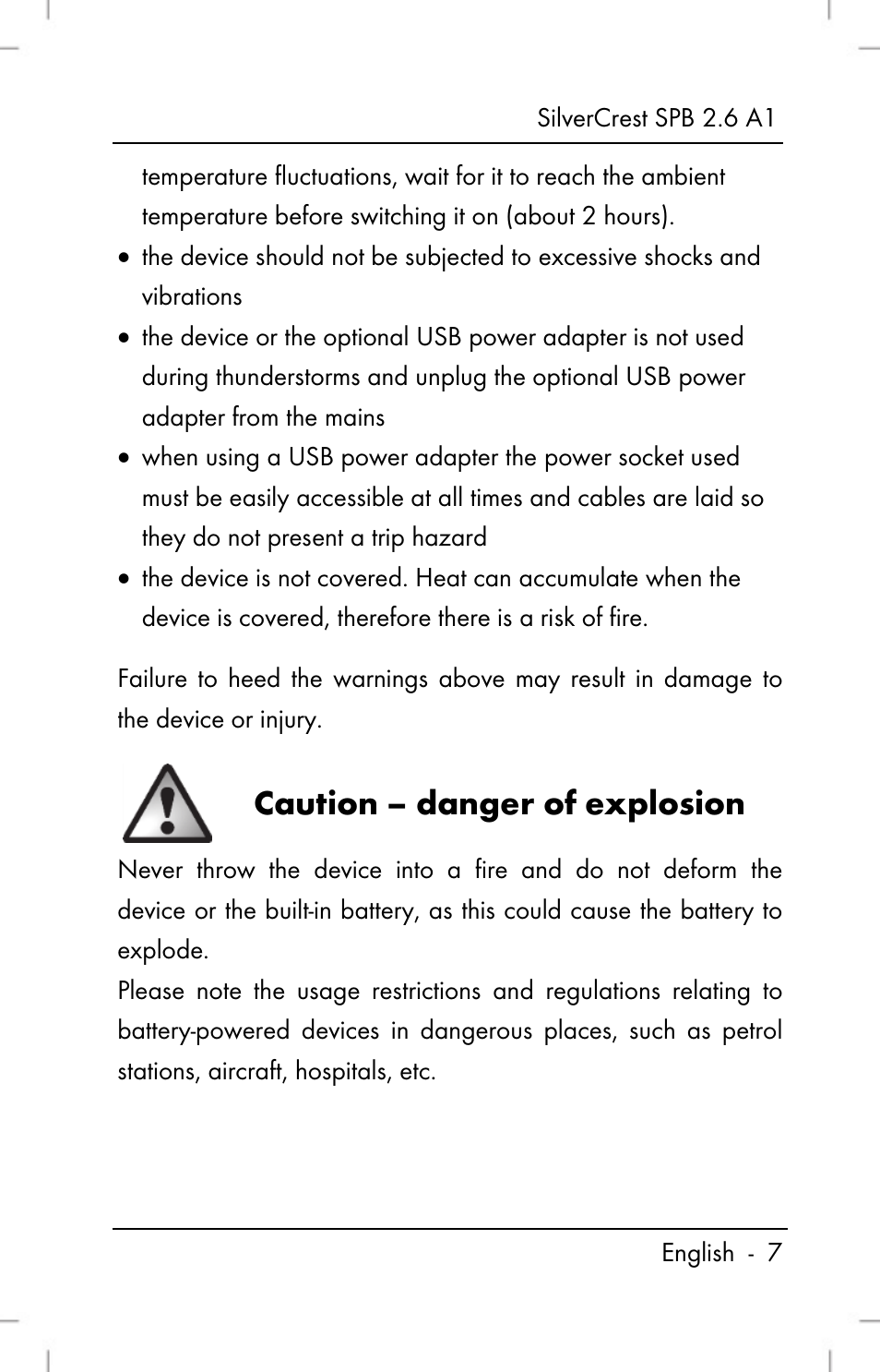 Caution – danger of explosion | Silvercrest SPB 2.6 A1 User Manual | Page 9 / 106