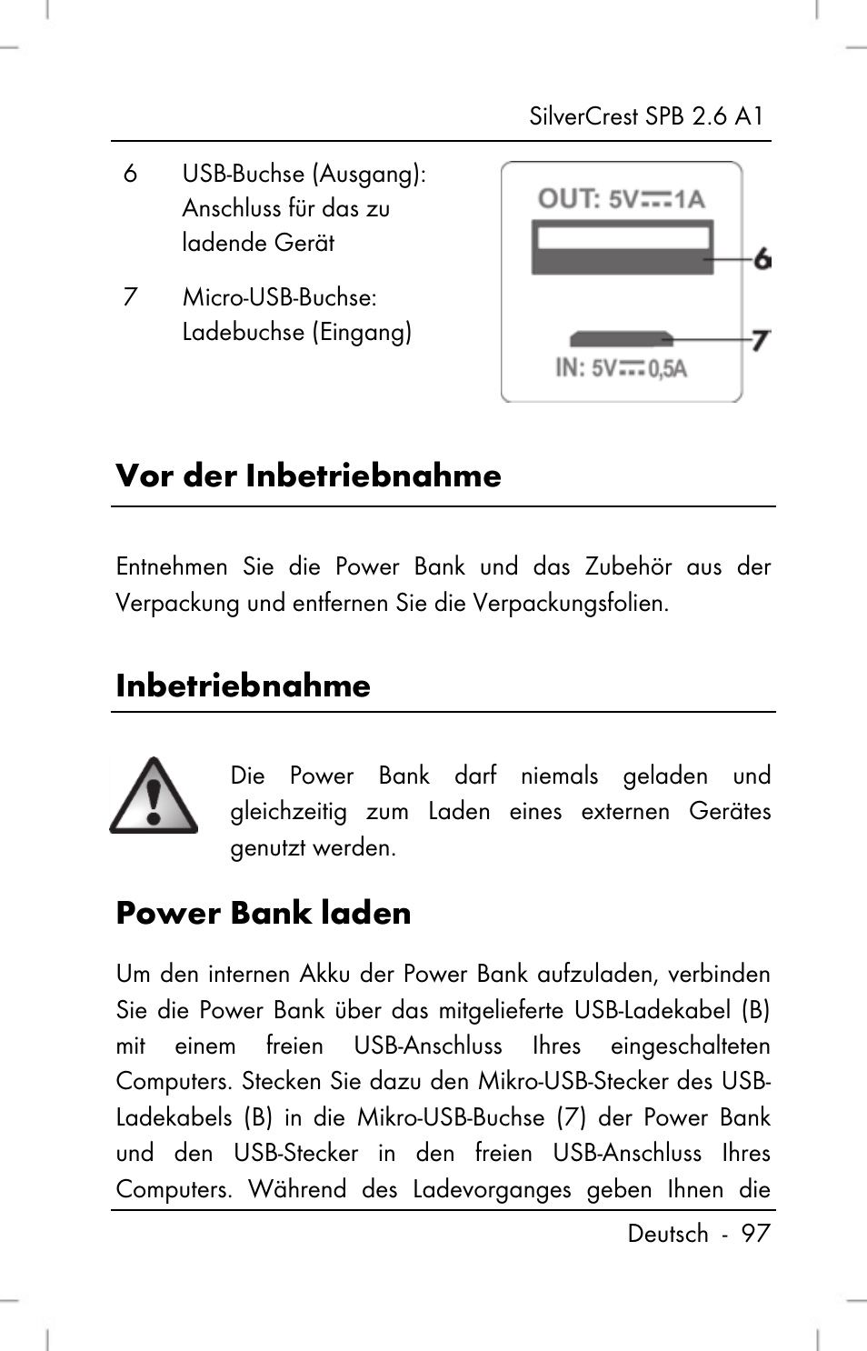 Vor der inbetriebnahme, Inbetriebnahme, Power bank laden | Silvercrest SPB 2.6 A1 User Manual | Page 99 / 106