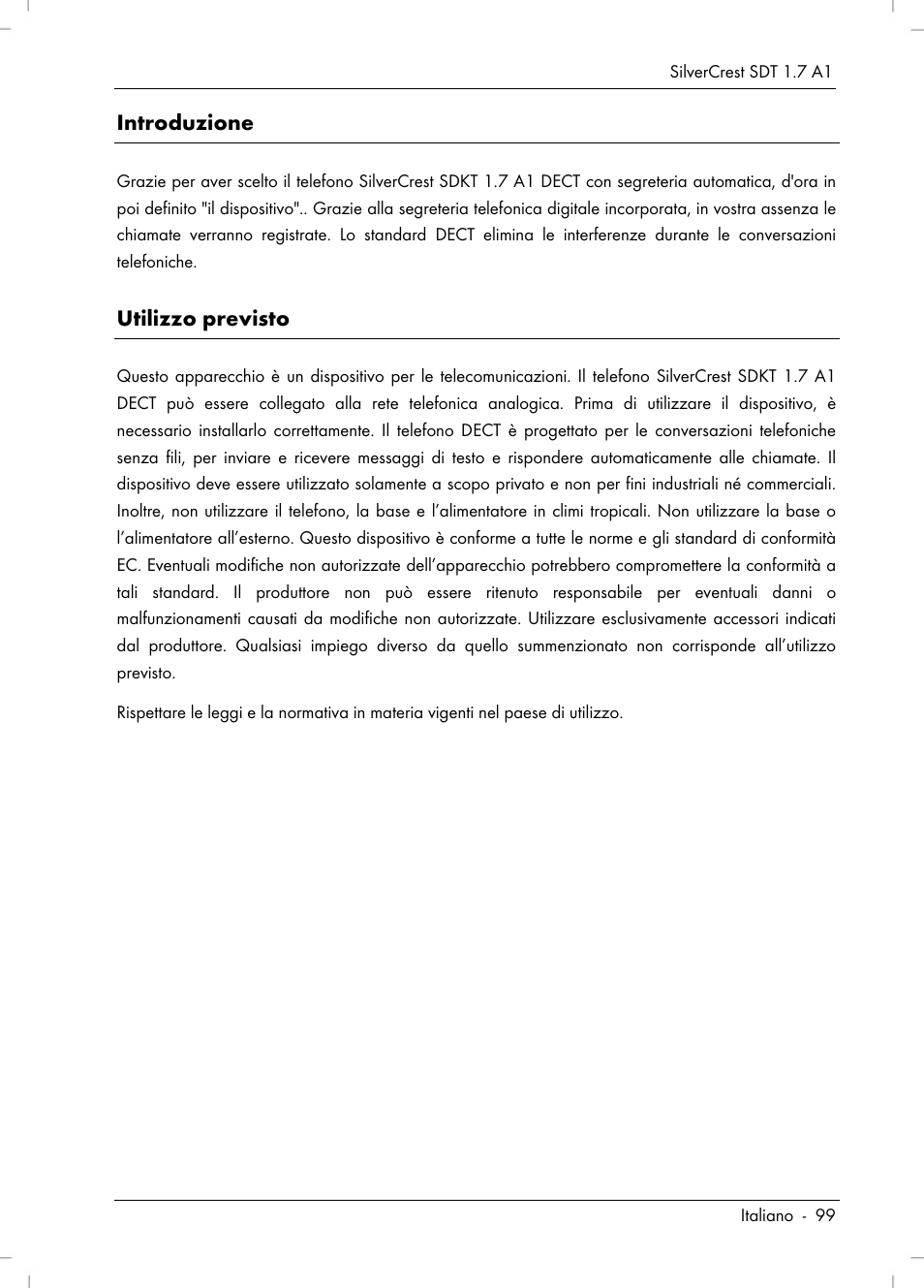 Introduzione, Utilizzo previsto | Silvercrest SDT 1.7 A1 User Manual | Page 101 / 192