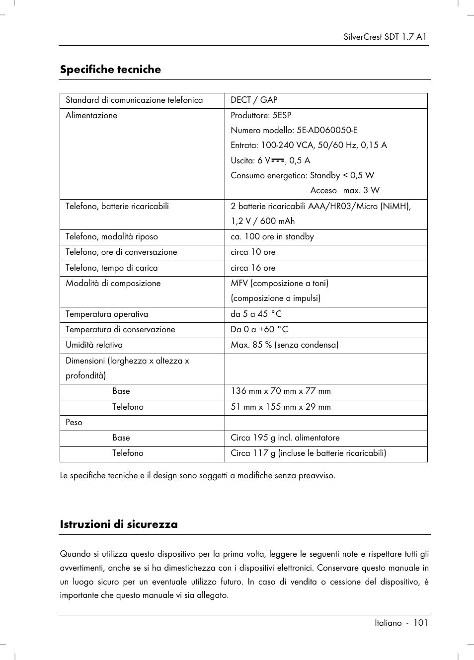 Specifiche tecniche, Istruzioni di sicurezza | Silvercrest SDT 1.7 A1 User Manual | Page 103 / 192