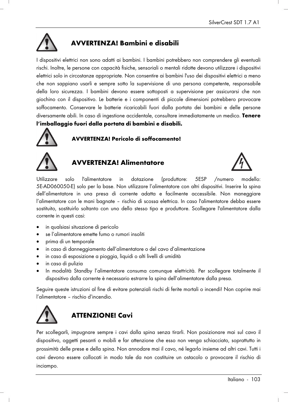 Avvertenza! bambini e disabili, Avvertenza! alimentatore, Attenzione! cavi | Silvercrest SDT 1.7 A1 User Manual | Page 105 / 192