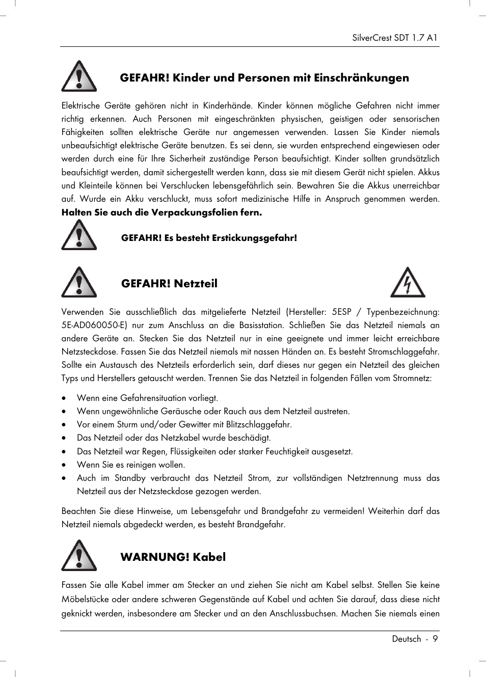 Gefahr! kinder und personen mit einschränkungen, Gefahr! netzteil, Warnung! kabel | Silvercrest SDT 1.7 A1 User Manual | Page 11 / 192