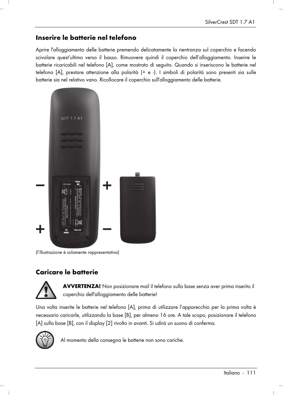 Inserire le batterie nel telefono, Caricare le batterie | Silvercrest SDT 1.7 A1 User Manual | Page 113 / 192