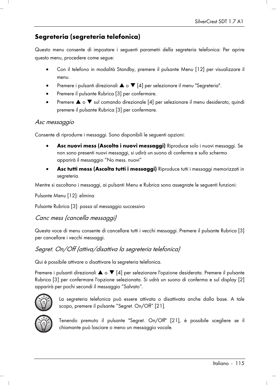 Asc messaggio, Canc mess (cancella messaggi) | Silvercrest SDT 1.7 A1 User Manual | Page 117 / 192