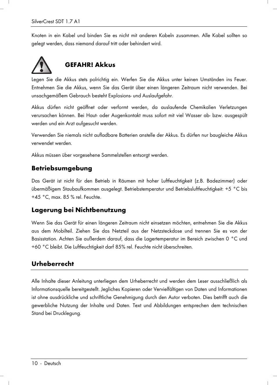Gefahr! akkus, Betriebsumgebung, Lagerung bei nichtbenutzung | Urheberrecht | Silvercrest SDT 1.7 A1 User Manual | Page 12 / 192