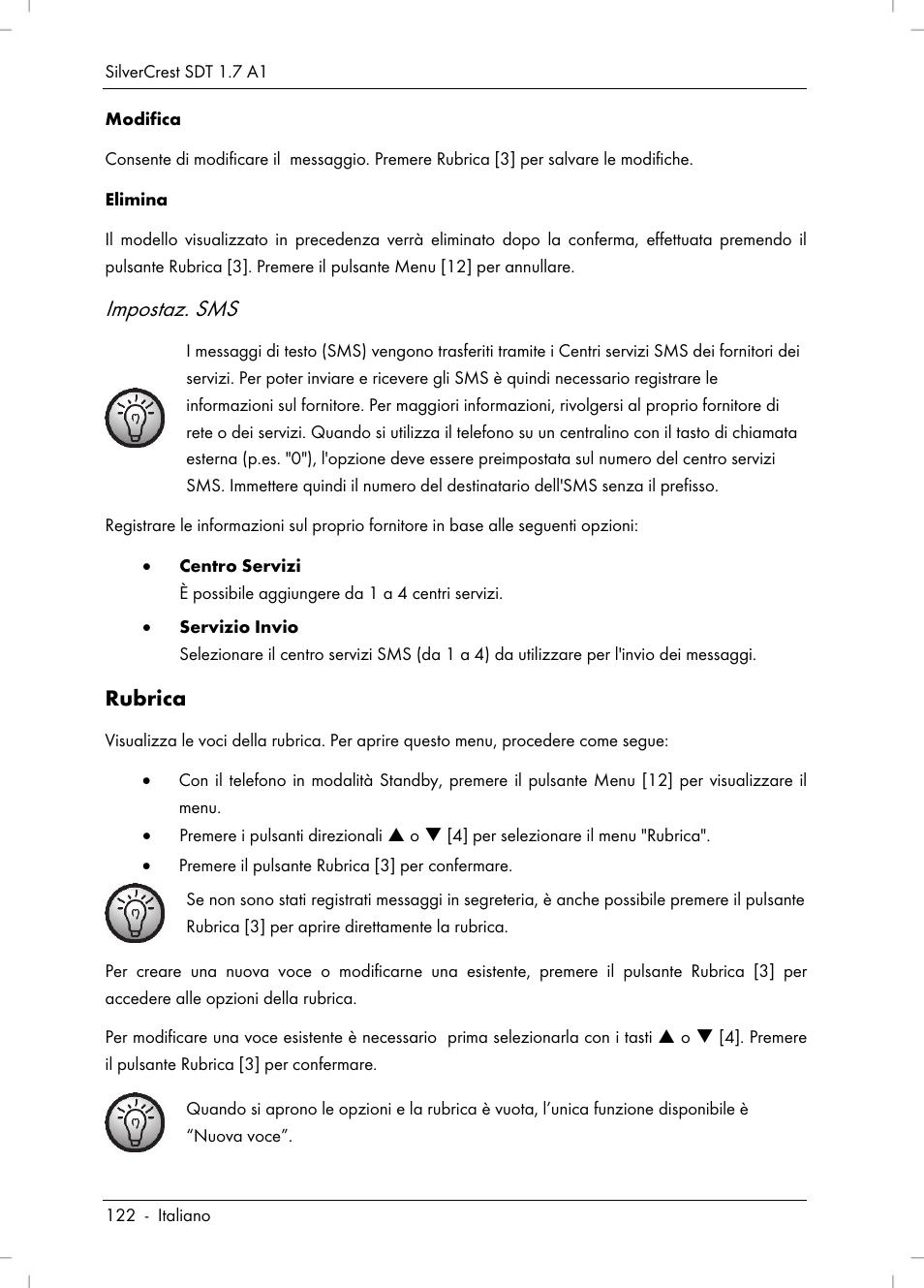 Impostaz. sms, Rubrica | Silvercrest SDT 1.7 A1 User Manual | Page 124 / 192