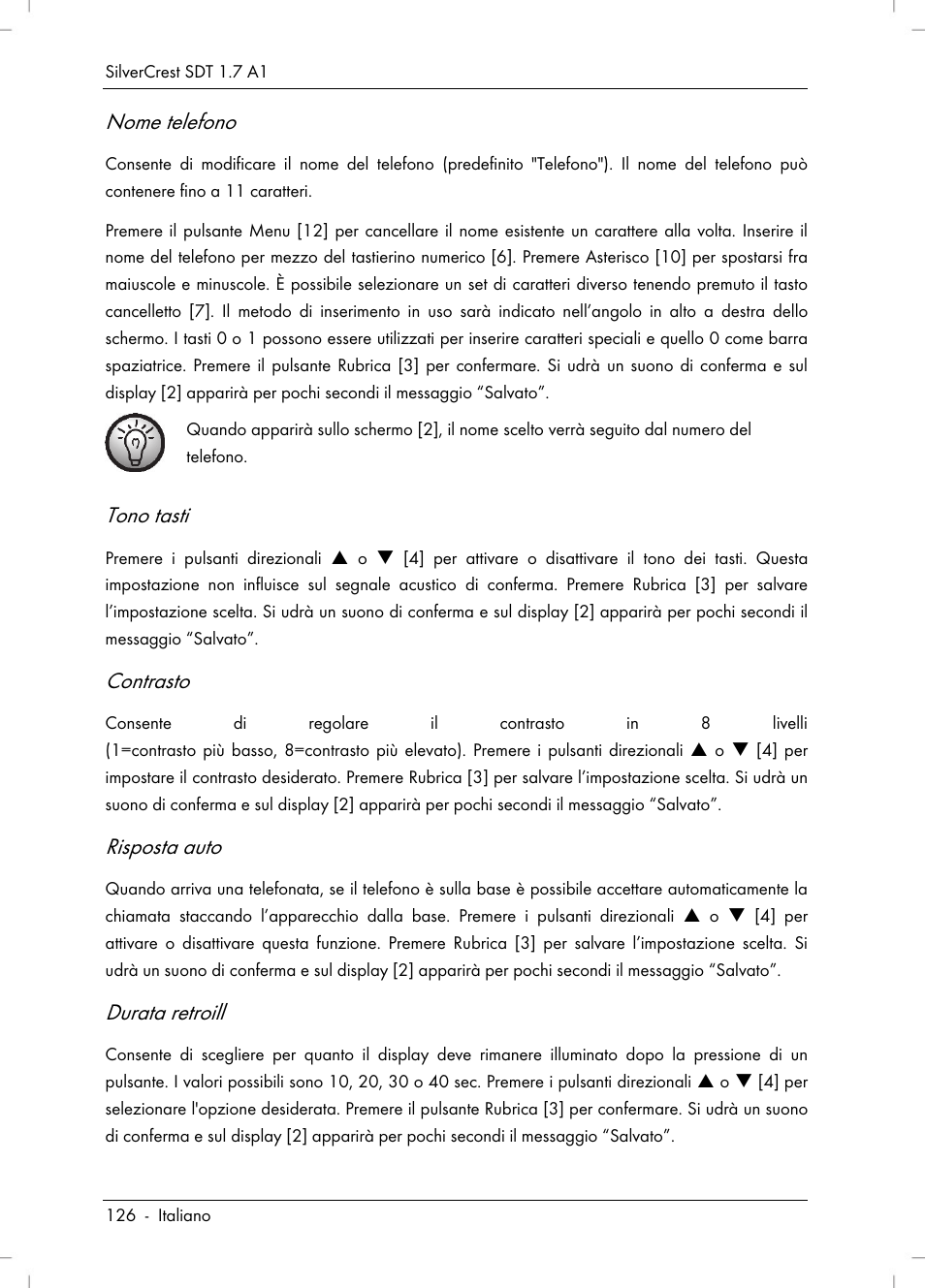 Nome telefono, Tono tasti, Contrasto | Risposta auto, Durata retroill | Silvercrest SDT 1.7 A1 User Manual | Page 128 / 192