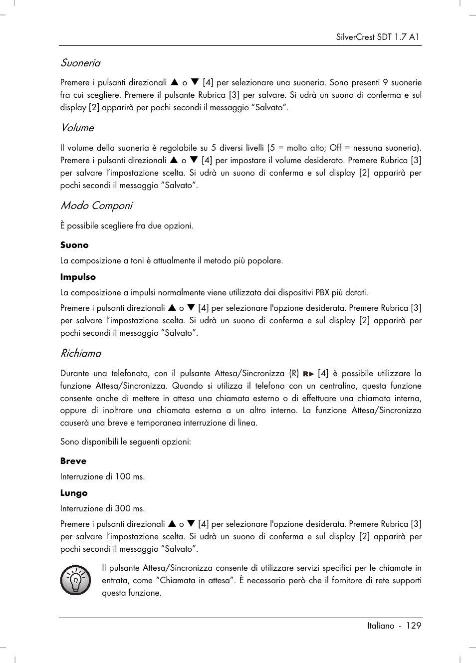 Suoneria, Volume, Modo componi | Richiama | Silvercrest SDT 1.7 A1 User Manual | Page 131 / 192