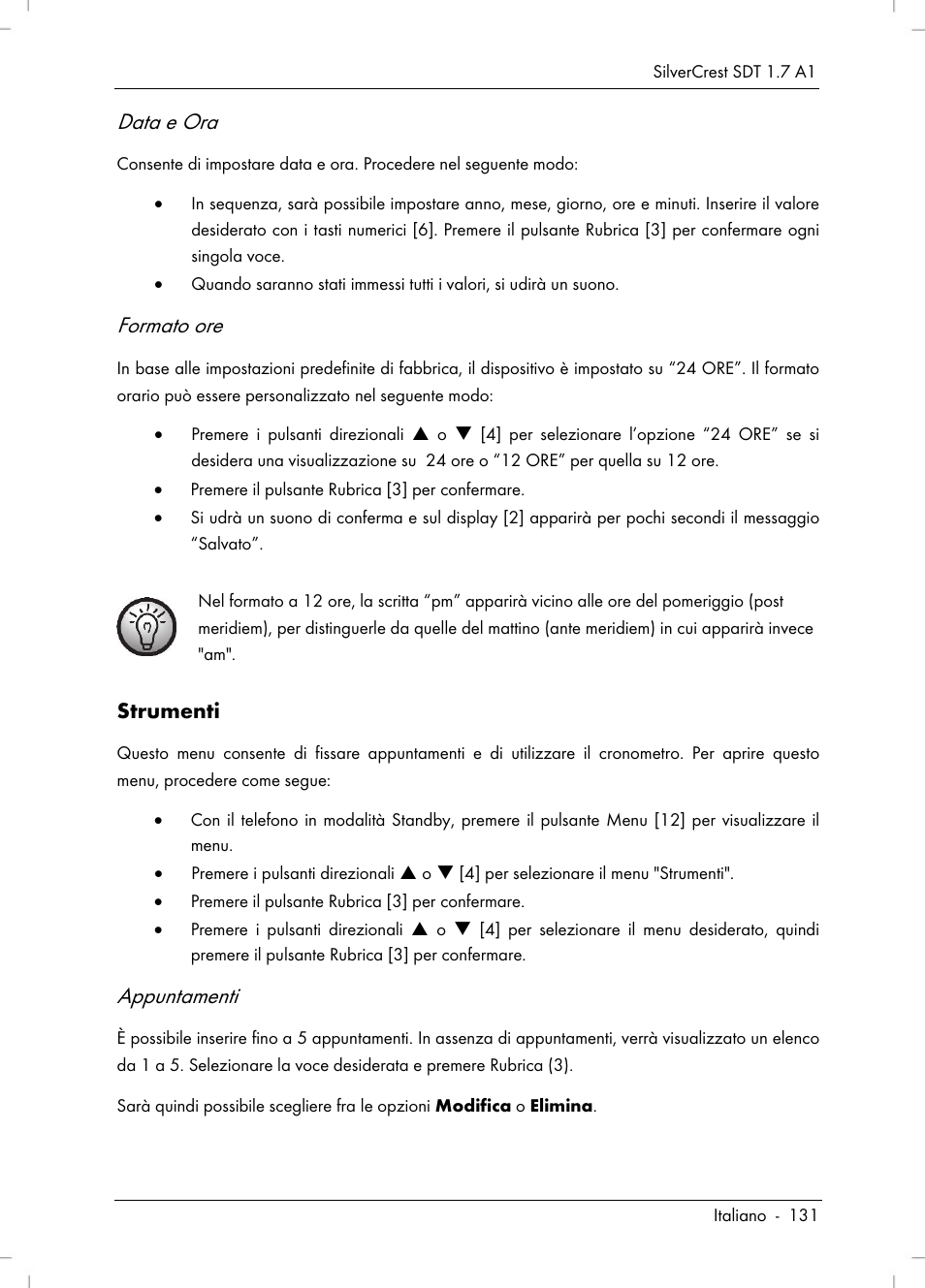 Data e ora, Formato ore, Appuntamenti | Silvercrest SDT 1.7 A1 User Manual | Page 133 / 192