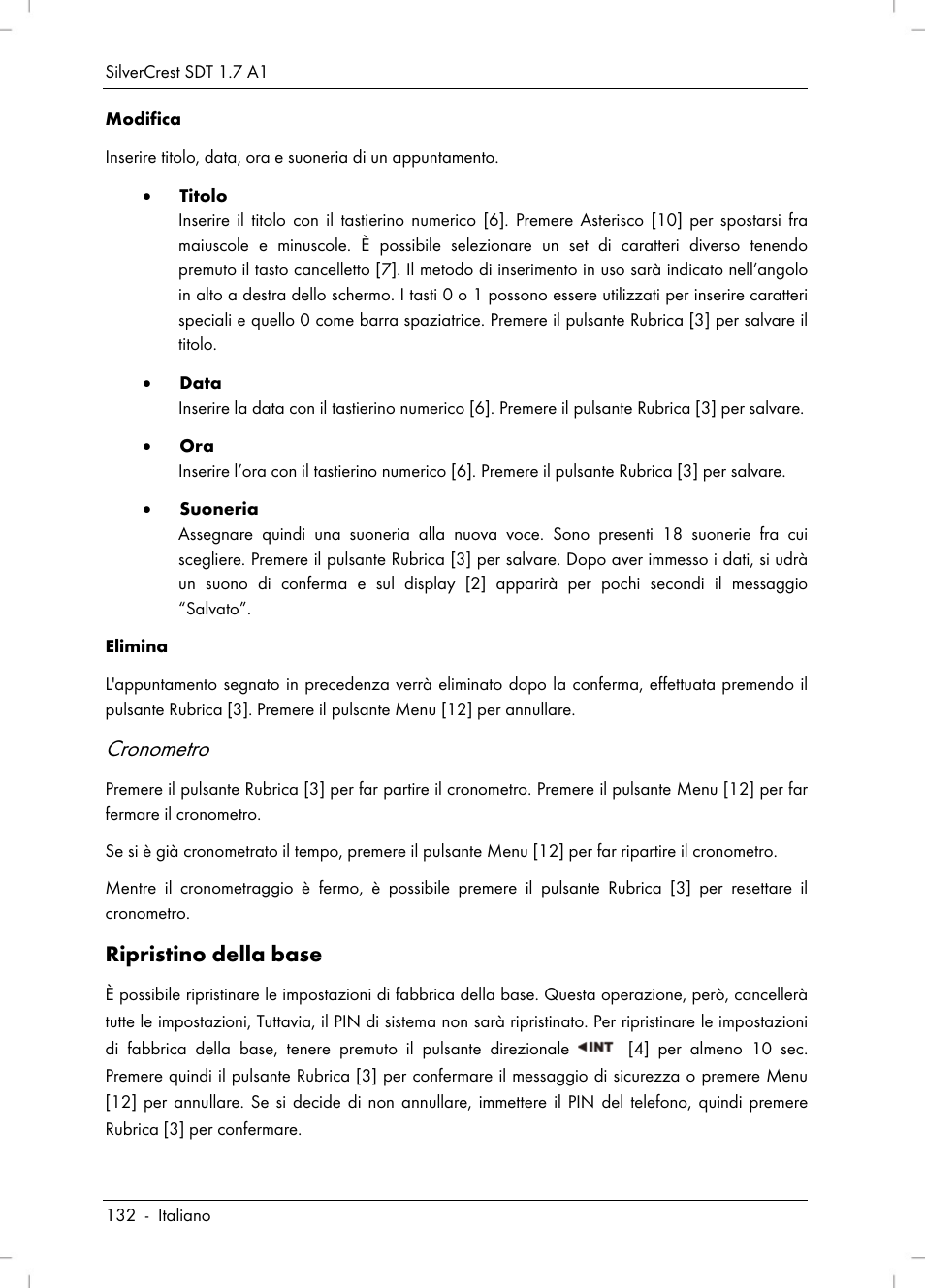 Cronometro, Ripristino della base | Silvercrest SDT 1.7 A1 User Manual | Page 134 / 192