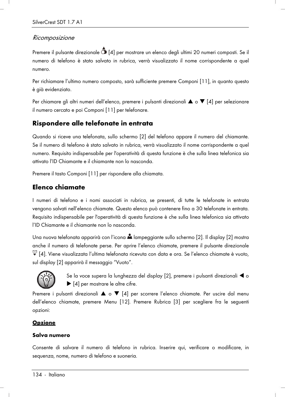 Ricomposizione, Rispondere alle telefonate in entrata, Elenco chiamate | Silvercrest SDT 1.7 A1 User Manual | Page 136 / 192