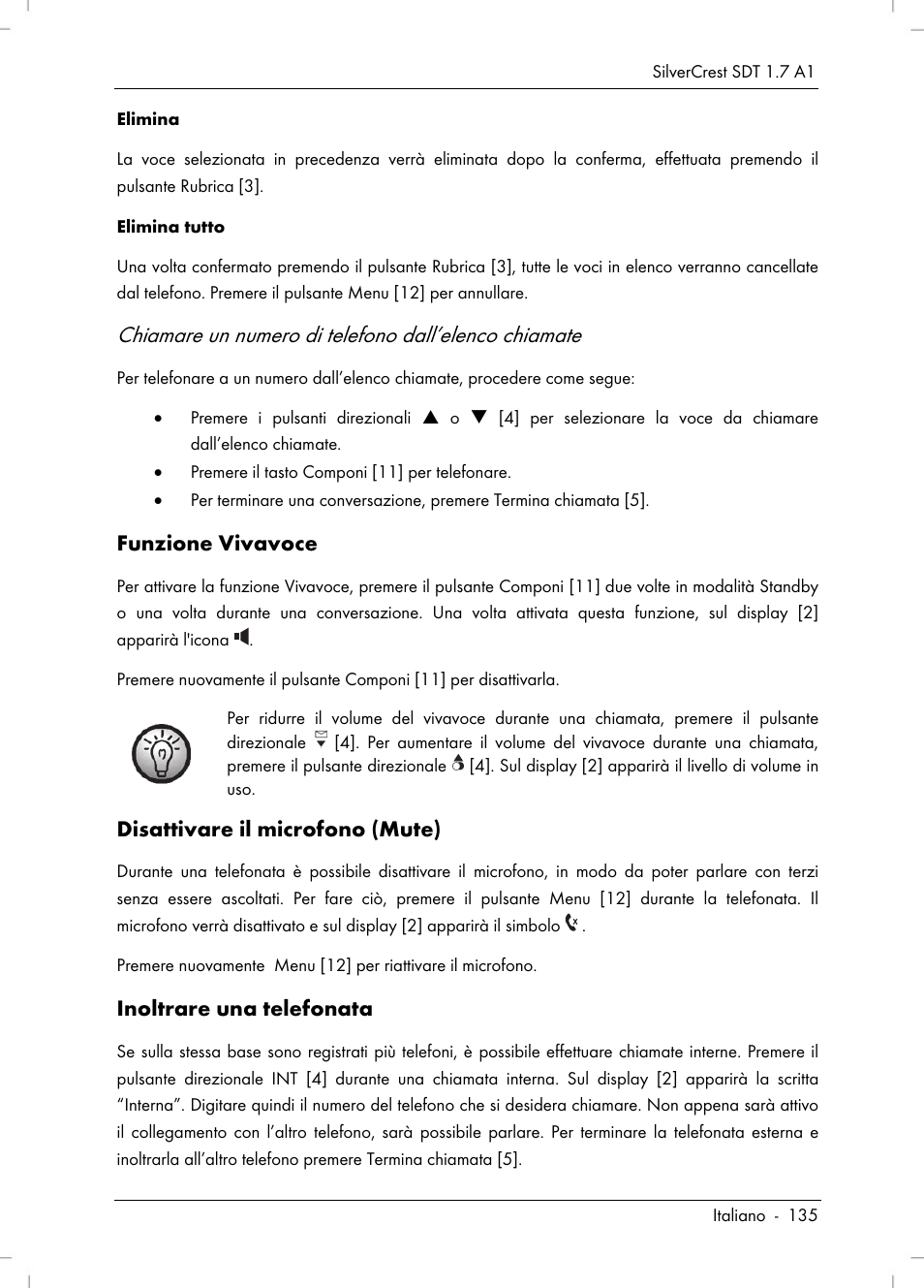 Funzione vivavoce, Disattivare il microfono (mute), Inoltrare una telefonata | Silvercrest SDT 1.7 A1 User Manual | Page 137 / 192