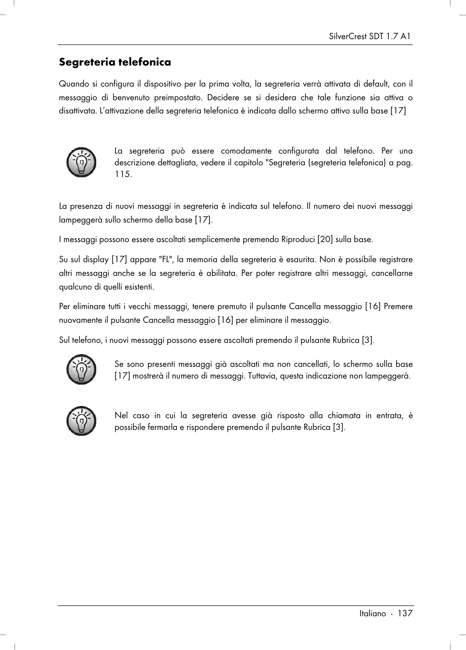 Segreteria telefonica | Silvercrest SDT 1.7 A1 User Manual | Page 139 / 192