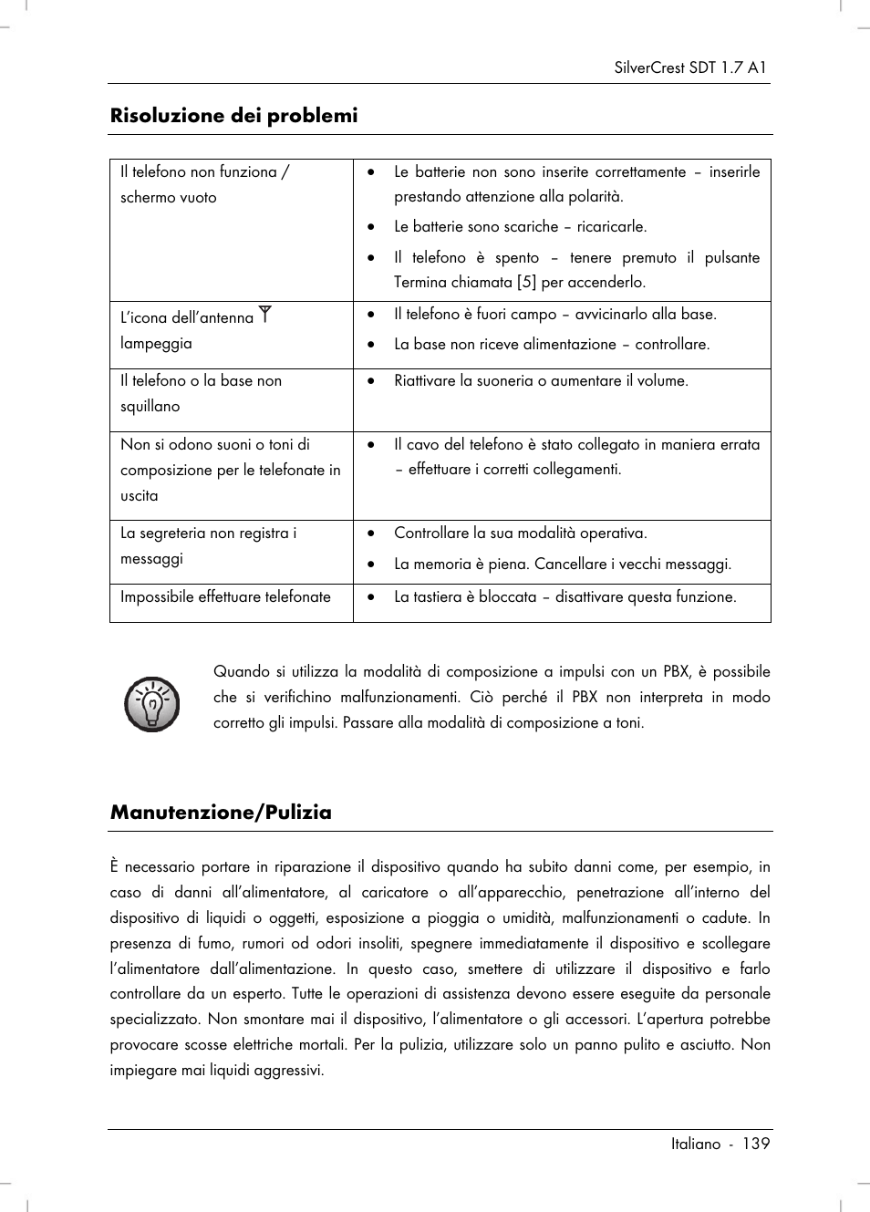 Risoluzione dei problemi, Manutenzione/pulizia | Silvercrest SDT 1.7 A1 User Manual | Page 141 / 192