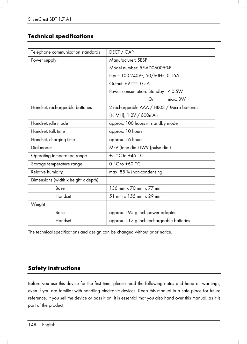 Technical specifications, Safety instructions | Silvercrest SDT 1.7 A1 User Manual | Page 150 / 192