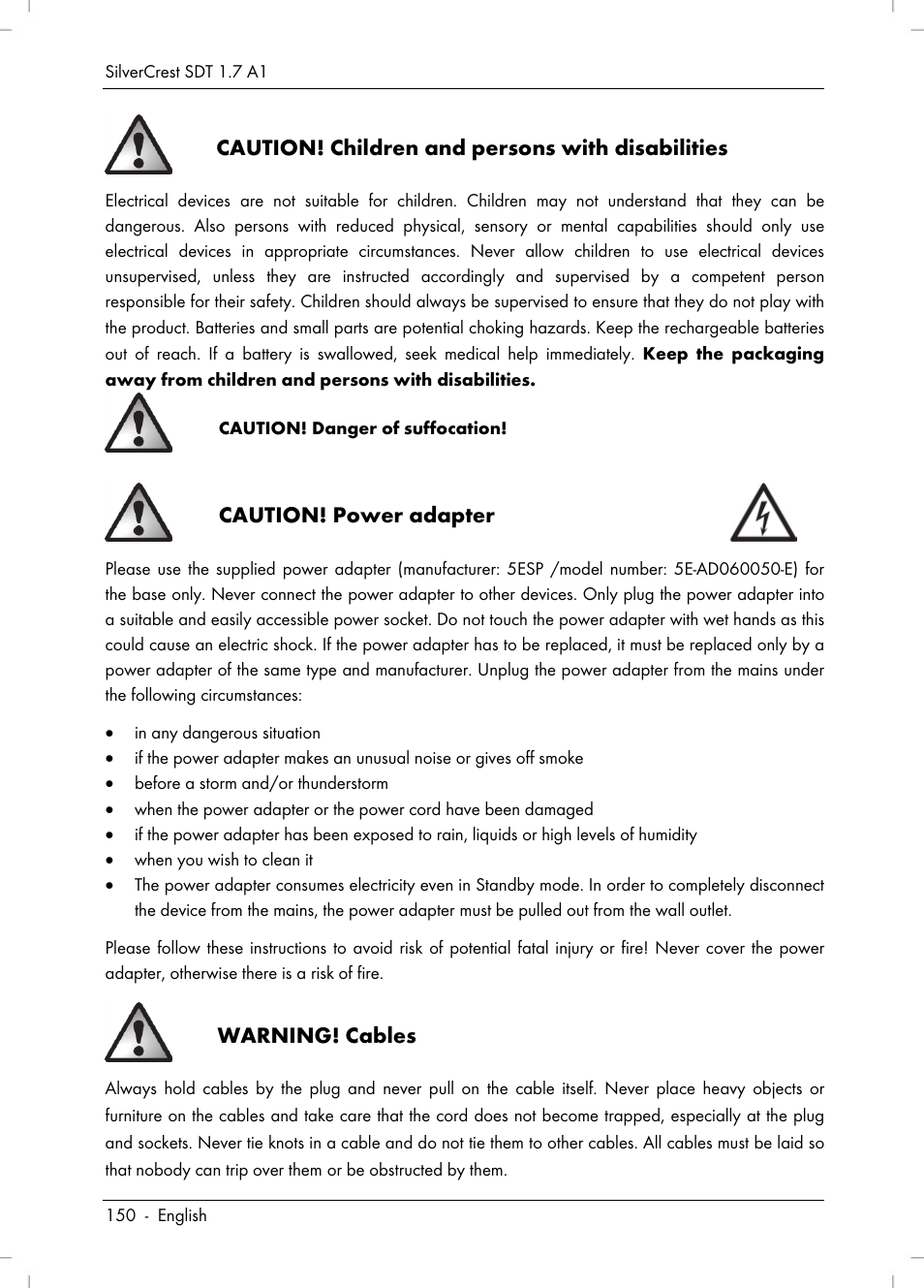 Caution! children and persons with disabilities, Caution! power adapter, Warning! cables | Silvercrest SDT 1.7 A1 User Manual | Page 152 / 192