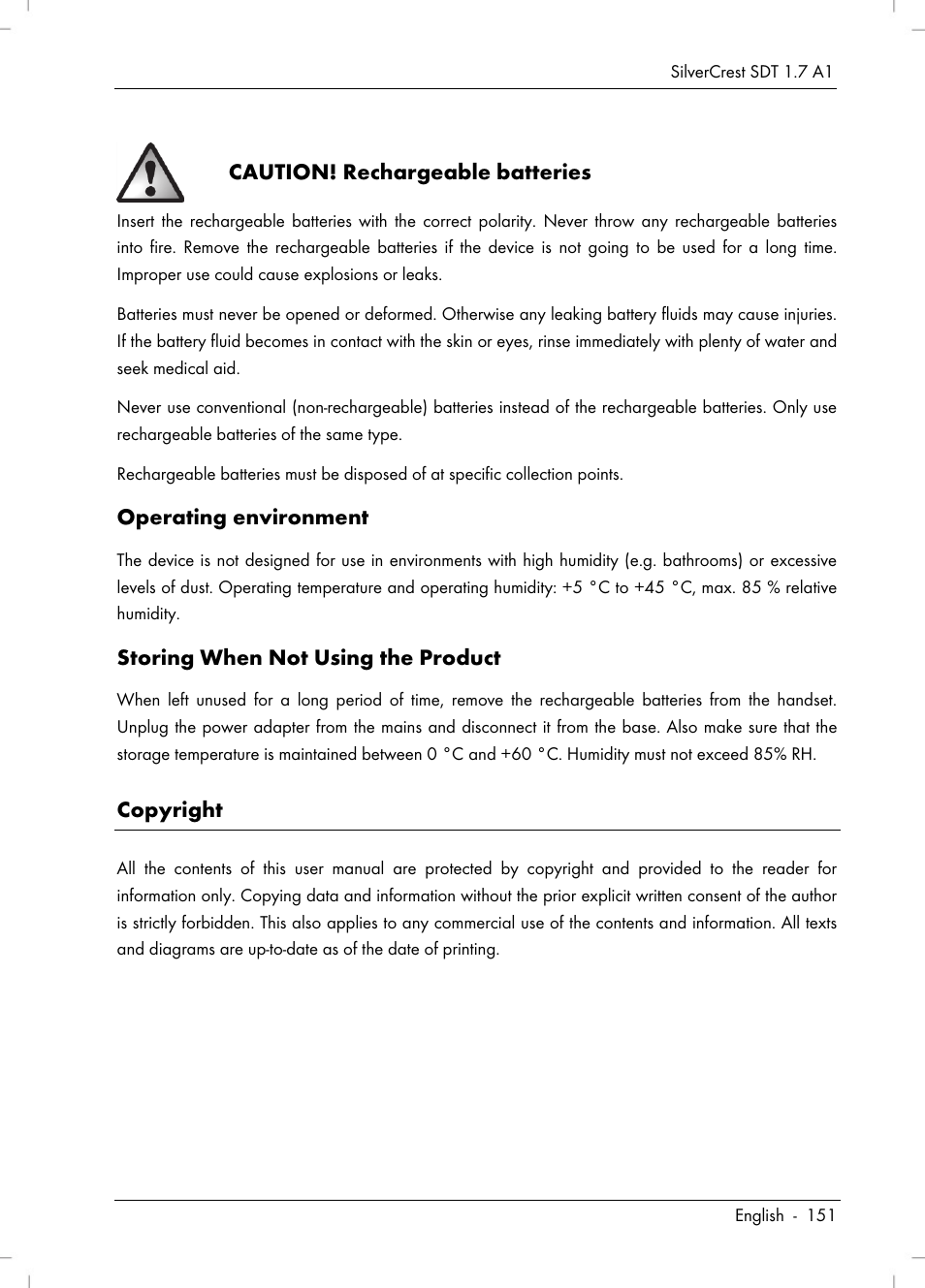 Caution! rechargeable batteries, Operating environment, Storing when not using the product | Copyright | Silvercrest SDT 1.7 A1 User Manual | Page 153 / 192