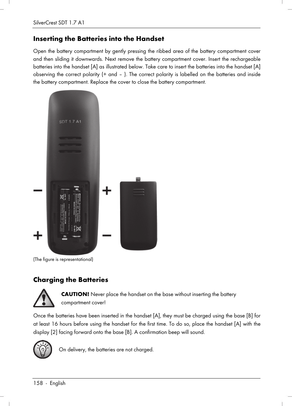 Inserting the batteries into the handset, Charging the batteries | Silvercrest SDT 1.7 A1 User Manual | Page 160 / 192