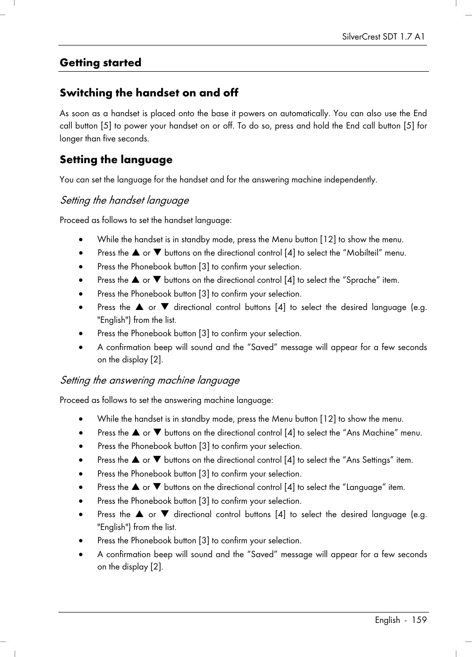 Setting the handset language, Setting the answering machine language, Getting started switching the handset on and off | Setting the language | Silvercrest SDT 1.7 A1 User Manual | Page 161 / 192