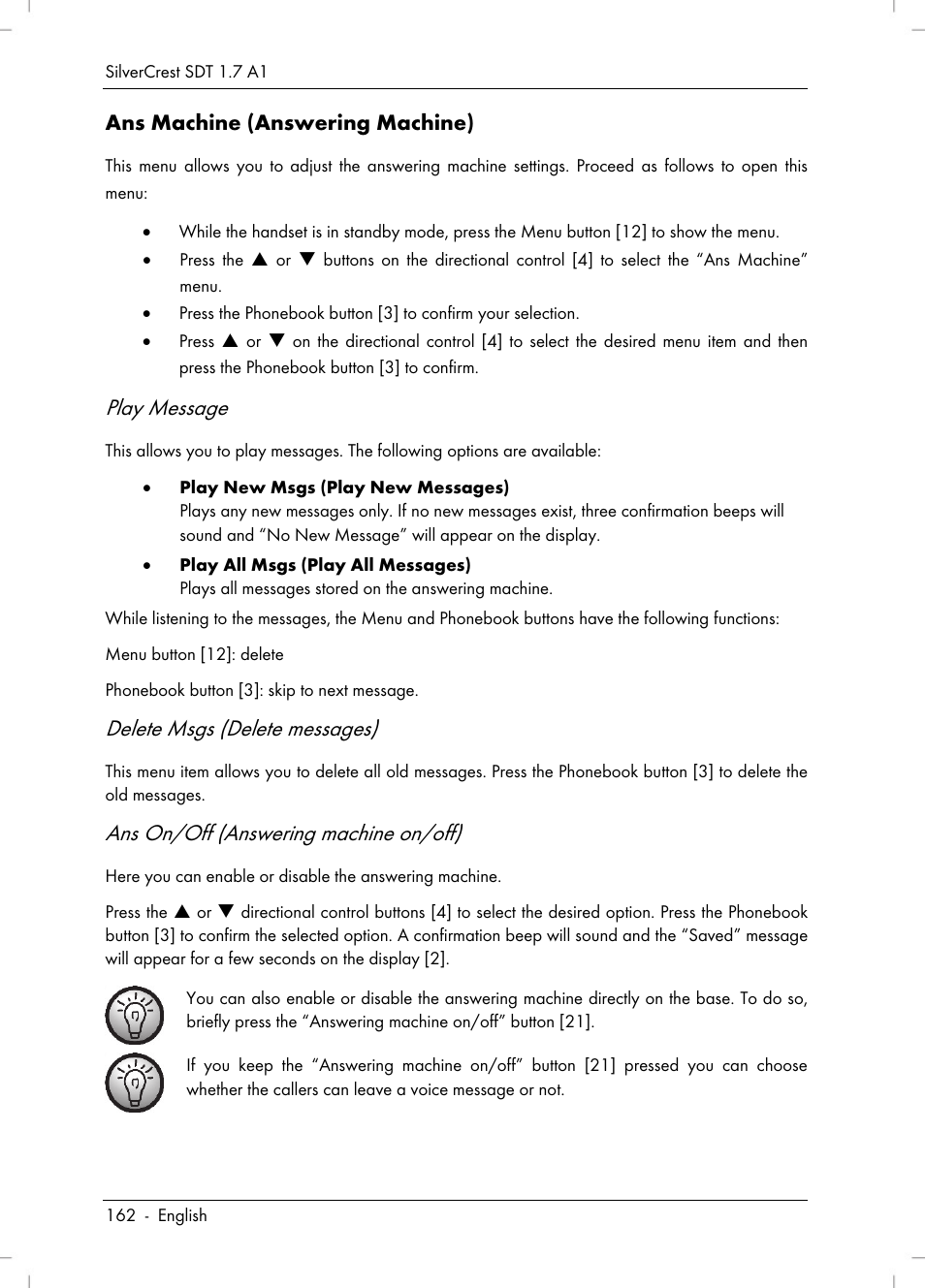 Play message, Delete msgs (delete messages), Ans on/off (answering machine on/off) | Silvercrest SDT 1.7 A1 User Manual | Page 164 / 192